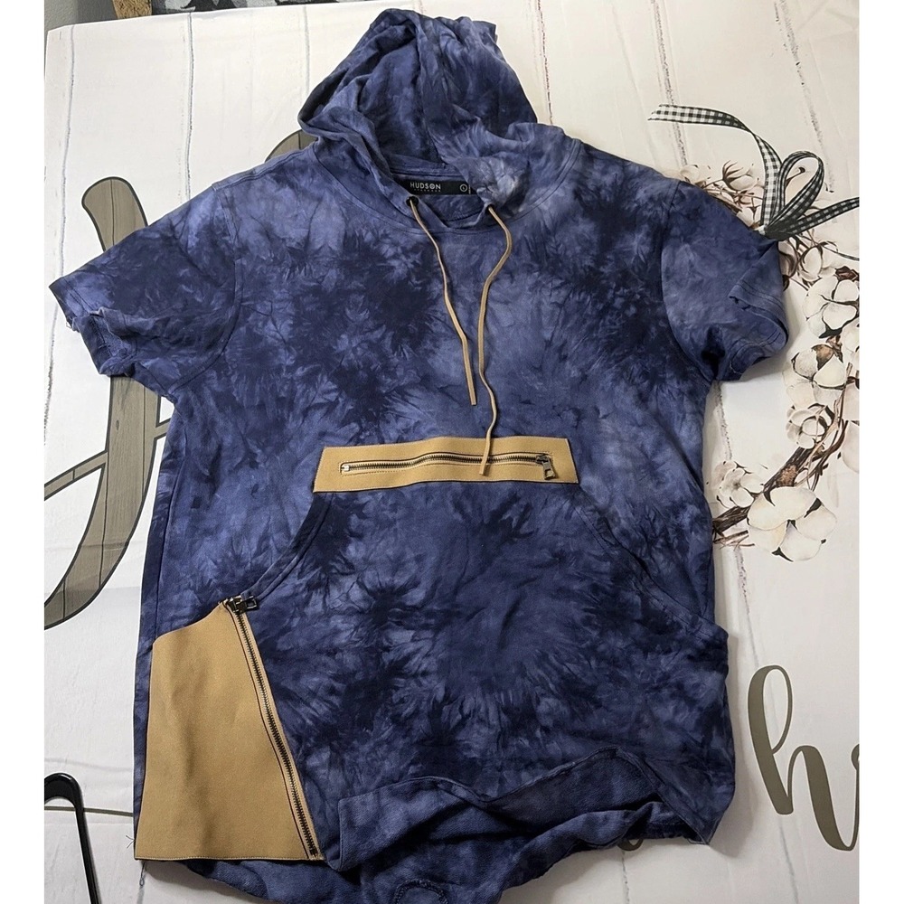 Hudson Outerwear Short Sleeve Hoodie Men L Blue Tie Dye Fishtail Curved Hem Zip
